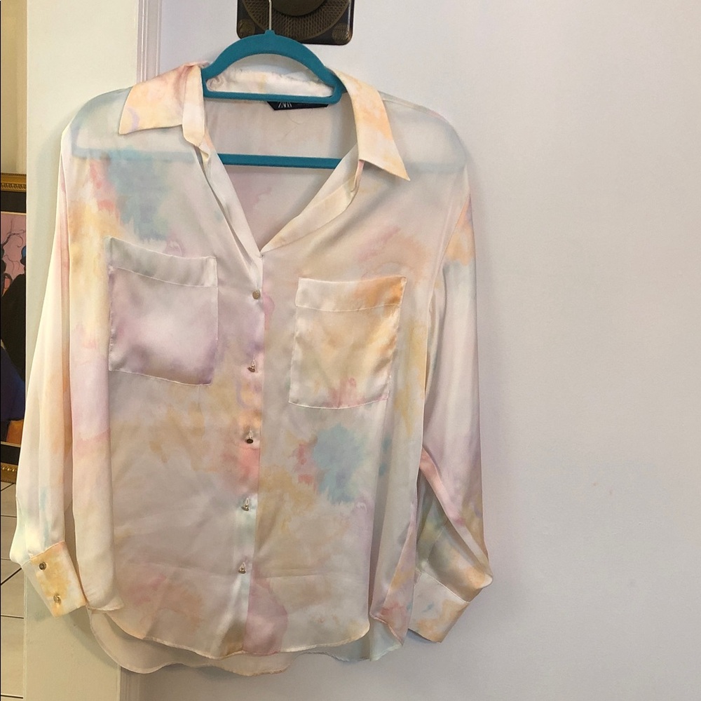 Zara Pastel Tie-Dye Button Down Shirt sz M